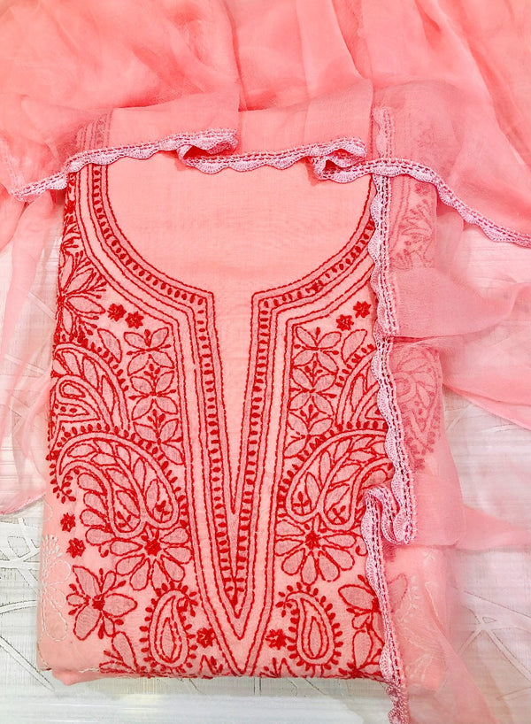 Lucknowi Chikankari Suit Length 3 Piece Peach Cotton