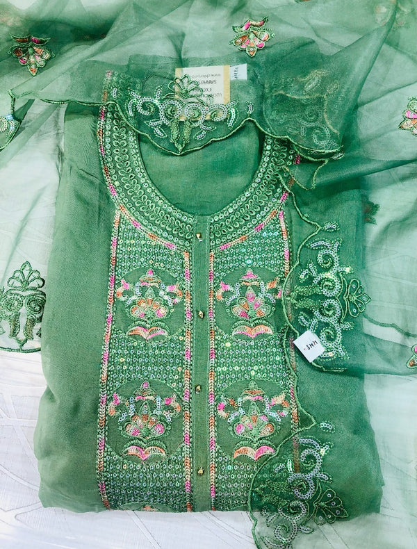 Designer Embroidered Suit Length 3 Piece Green Soft Organza