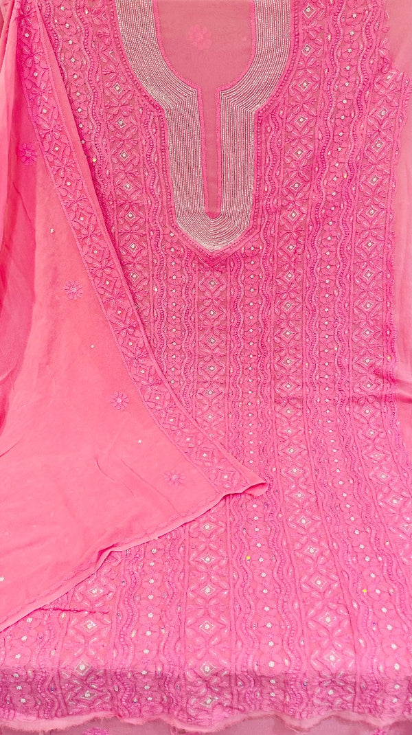 Lucknowi Chikankari Suit Length 2 Piece  Pink Pure Georgette