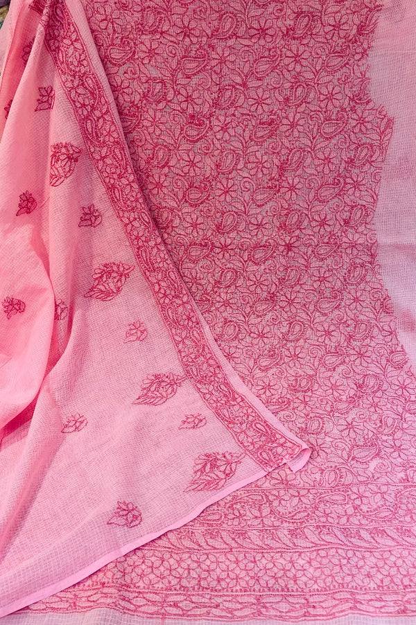 Lucknowi Chikankari Suit Length 2 Piece Pink Kota