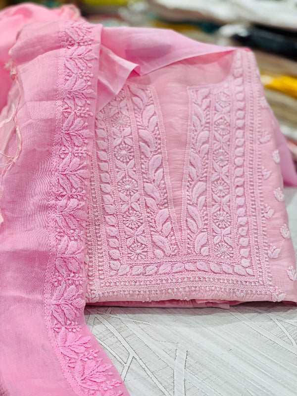 Lucknowi Chikankari Suit Length 2 Piece Pink Mal Chanderi