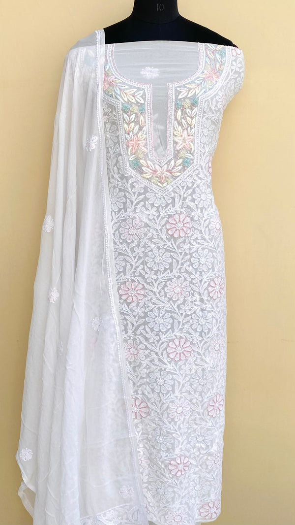 Lucknowi Chikankari Suit Length 2 Piece White Pure Georgette With Cut Dana Work